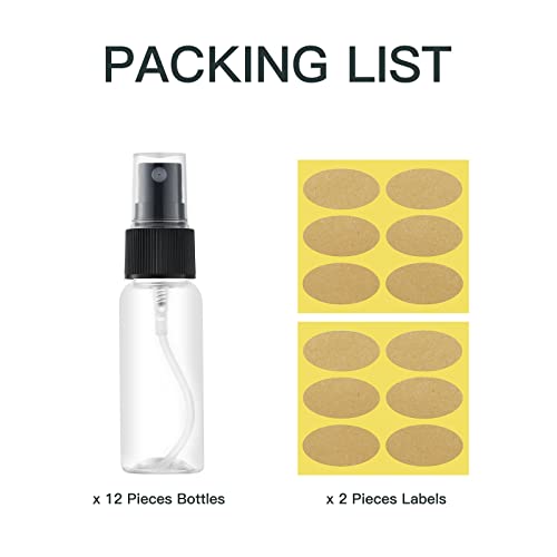 Toureal 30ML Fine Mist Spray Bottle 12pcs Empty Travel Small Mister Refillable Dispenser Spritzer Container for Cosmetics (Clear/Transparent)