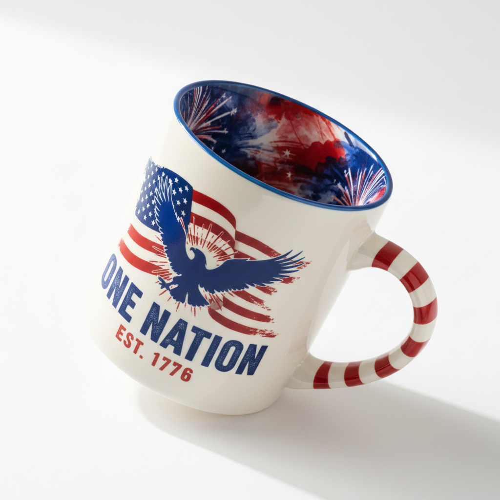 Ceramic mug with colorful One Nation design, showing coloured rim, handle and inside